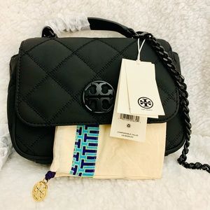 NWT 1 Authentic Tory Burch Willa Matte Black Mini Top Handle Bag Dust Bag
